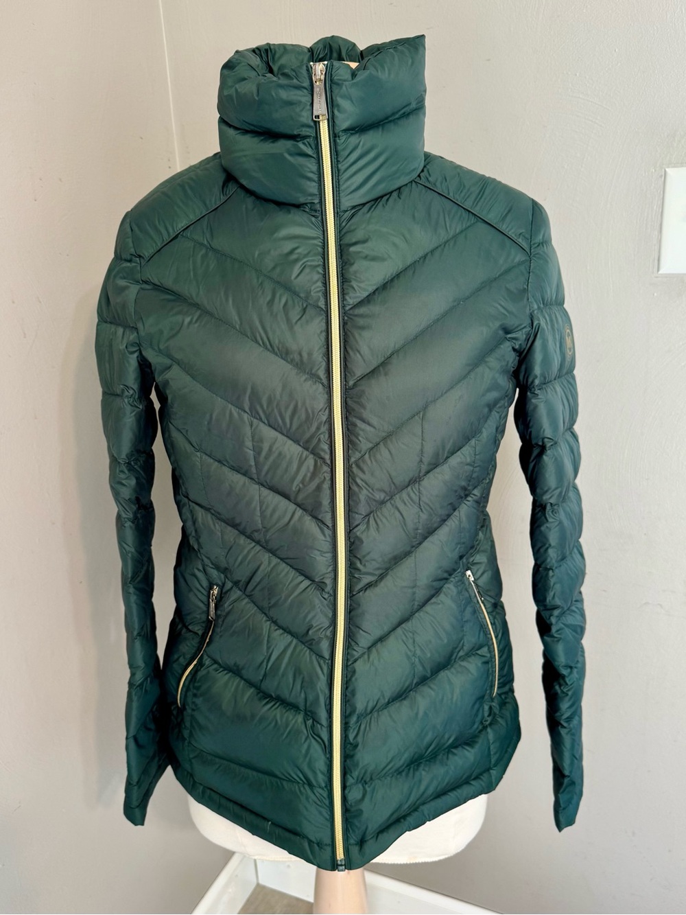 Michael Kors Dark Green Packable Chevron Puffer Jacket